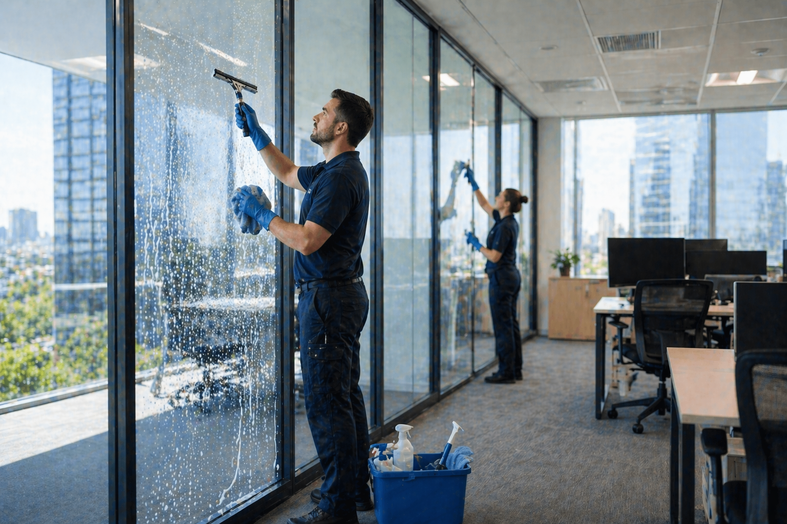 Team bei der Glasreinigung im Buero